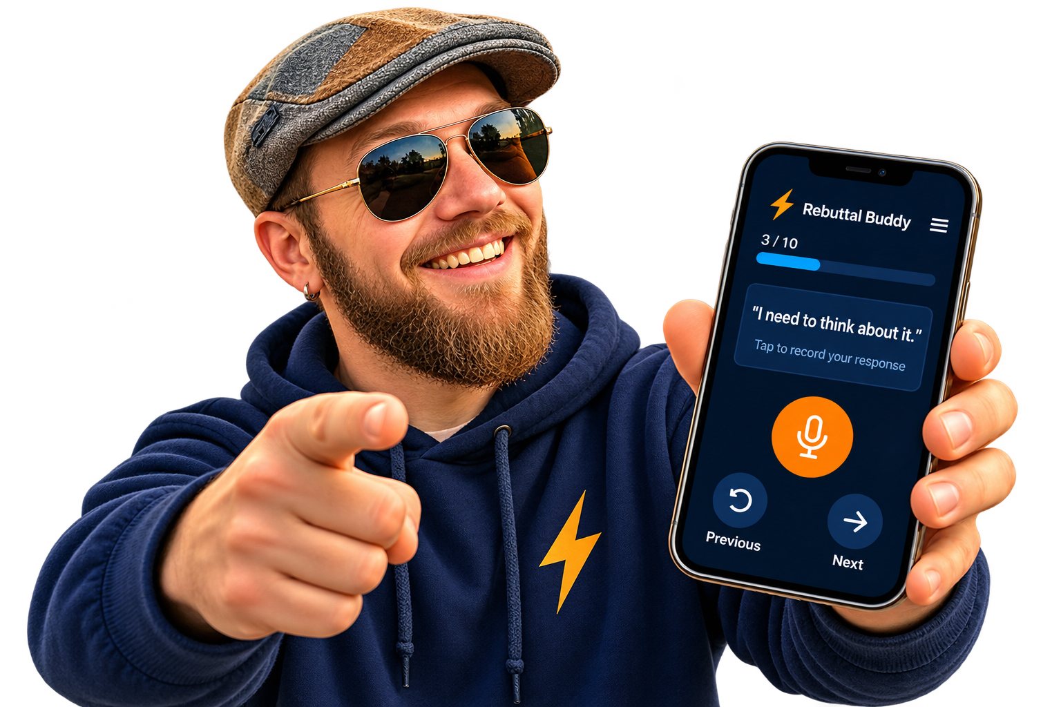 Rebuttal Buddy creator smiling and holding a phone displaying an objection practice exercise